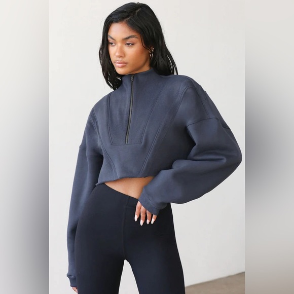$218 JOAH BROWN NAVY HALF ZIP CROP SWEATSHIRT SKIMS HAILEY BIEBER FREE PEOPLE - Picture 2 of 6